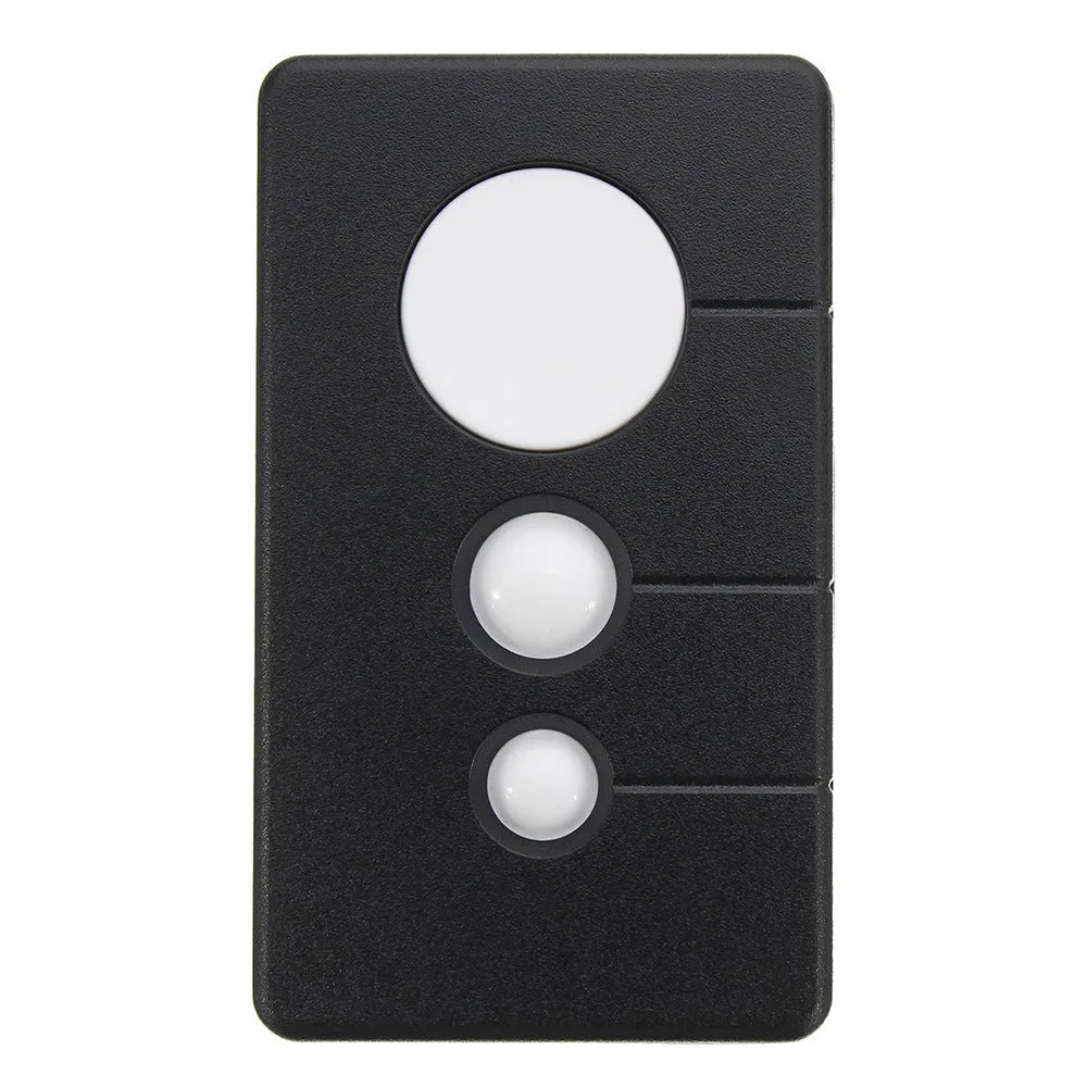 Black three-key garage door remote control with 390 MHz frequency and Rolling Code technology.