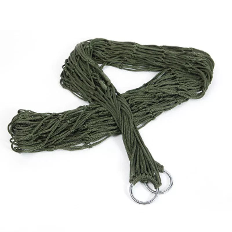 Bold Nylon Rope Net Hammock in green or blue, perfect for indoor and outdoor relaxation