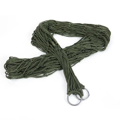 Bold Nylon Rope Net Hammock in green or blue, perfect for indoor and outdoor relaxation