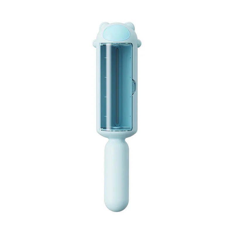 Pet hair remover tool in blue, pink, or yellow with self-cleaning base for removing dog and cat fur from furniture