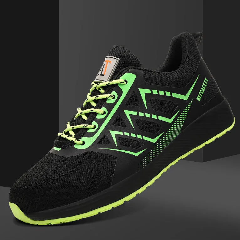 Black ultra-light labour protection shoes with steel toe cap and lace-up front closure