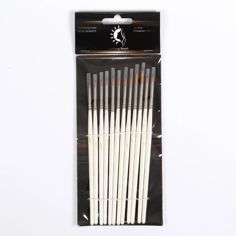 Set of 12 pearl white nylon wool hook line art brushes in a solid wood pen holder.