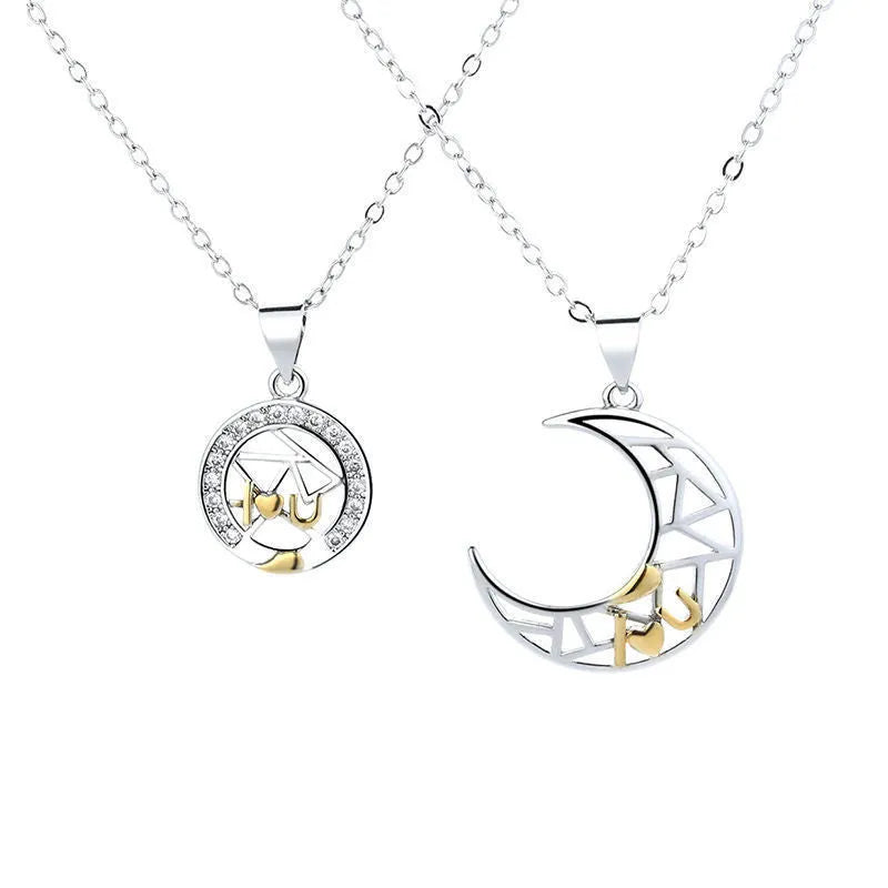Sun and Moon copper couple's necklaces on a dark background, showing the detailed 4.5cm pendants and cross chain.