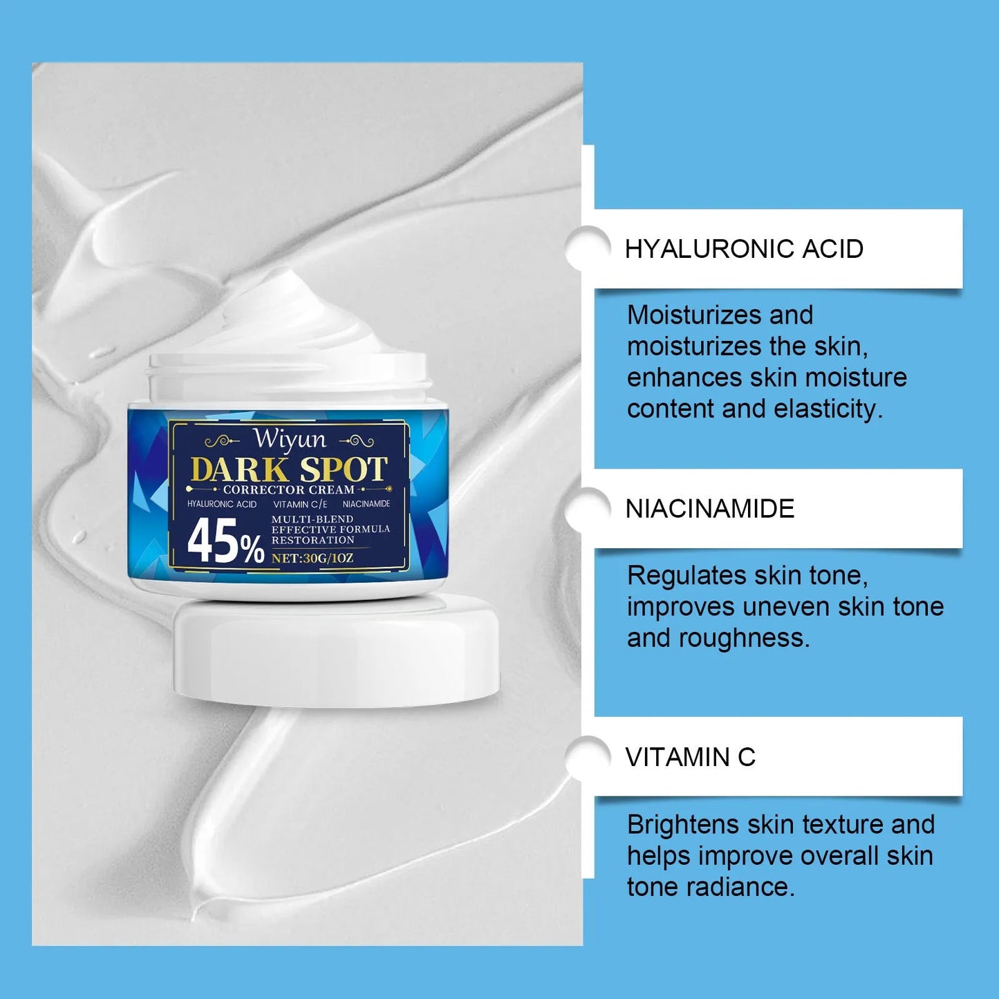 30g dark spot corrector cream jar with vitamin C and hyaluronic acid formula