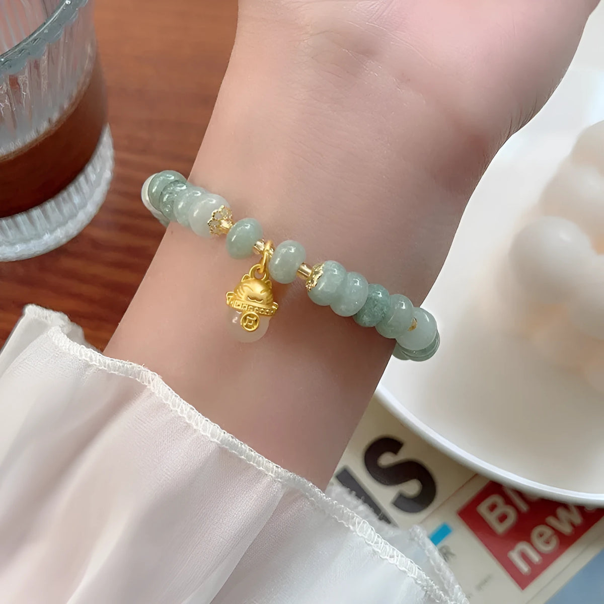 Handmade retro bracelet with lucky cat charm in strawberry quartz or grey jade
