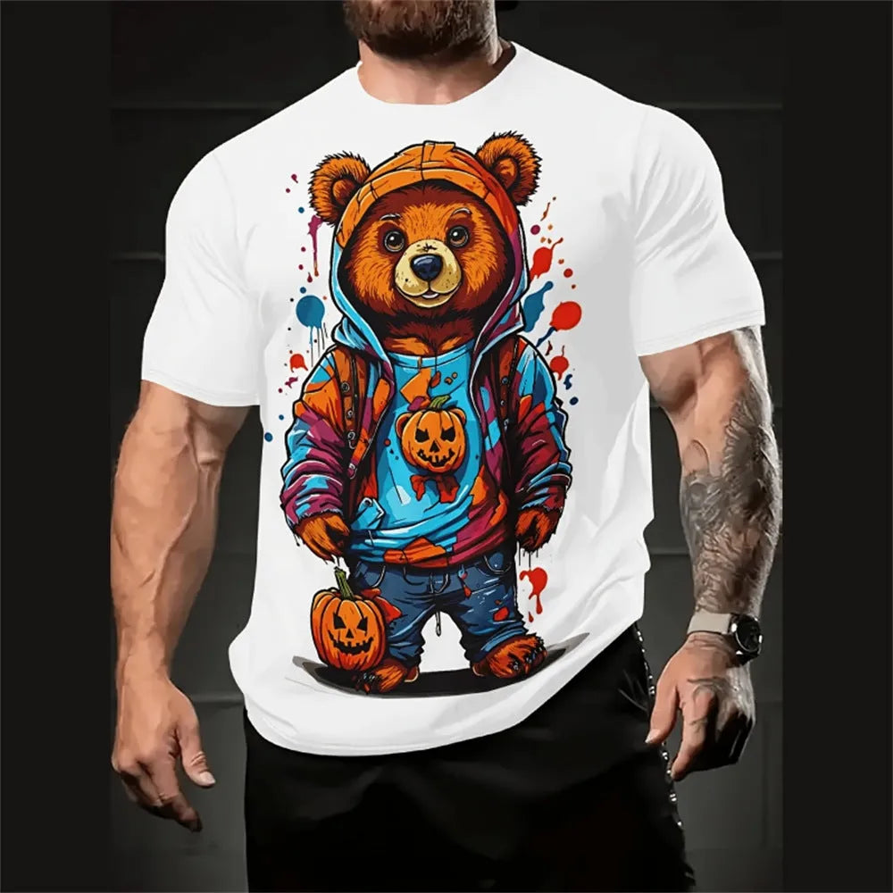 Men's grey loose-fit short sleeve t-shirt featuring a large 3D cartoon character print on the front.