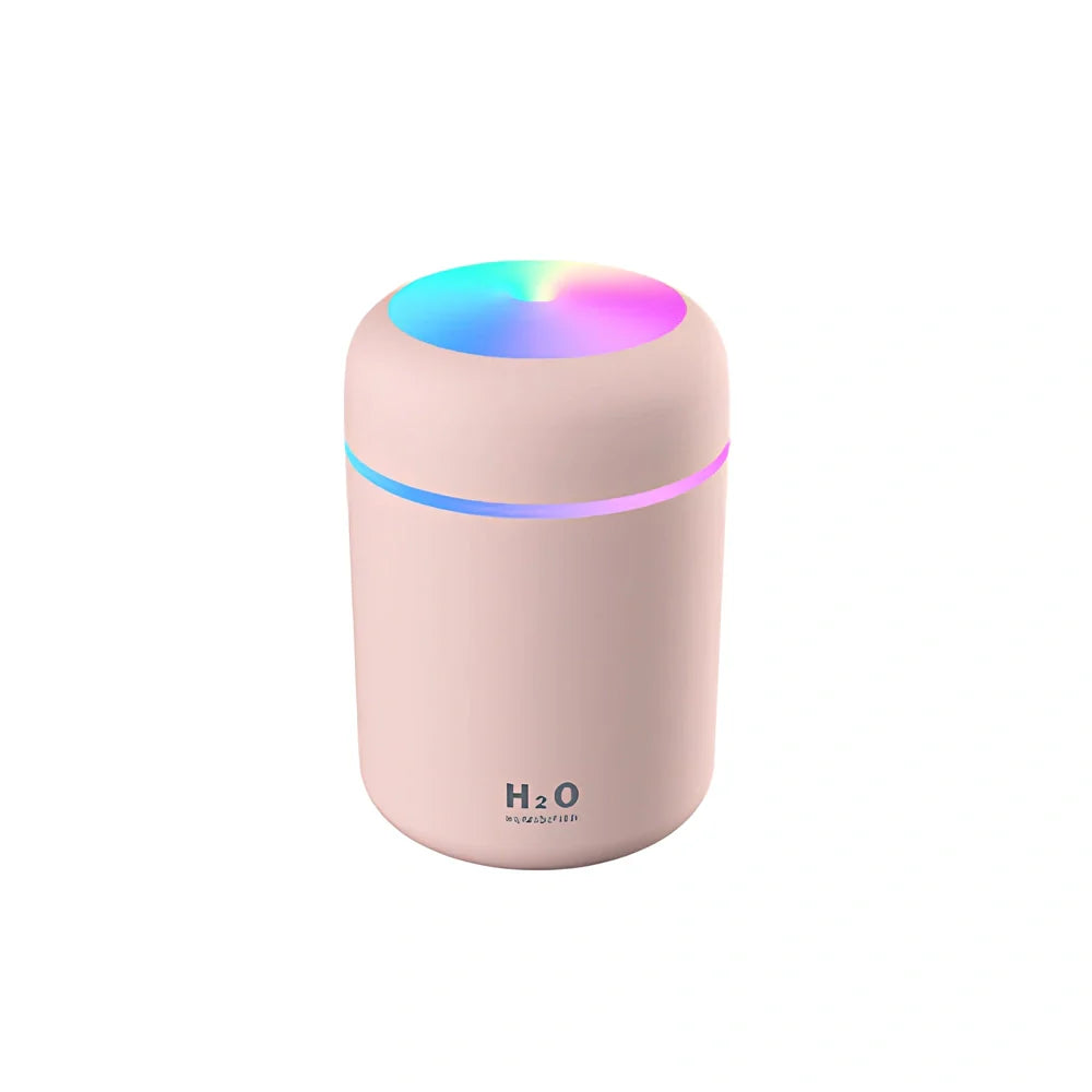 Pink car USB cup humidifier with 300ml tank and colourful lights in cup holder