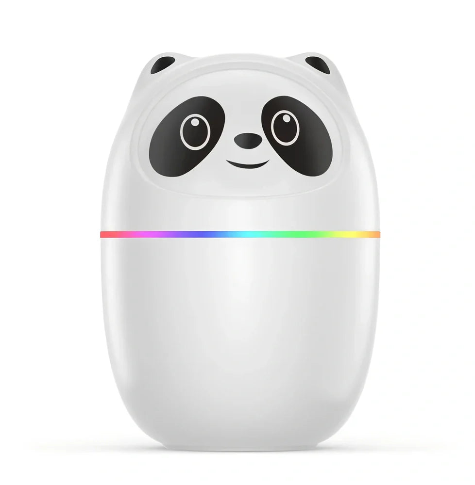 White USB mini humidifier on desk emitting mist with night light glow, 75x75x116mm size for office aromatherapy