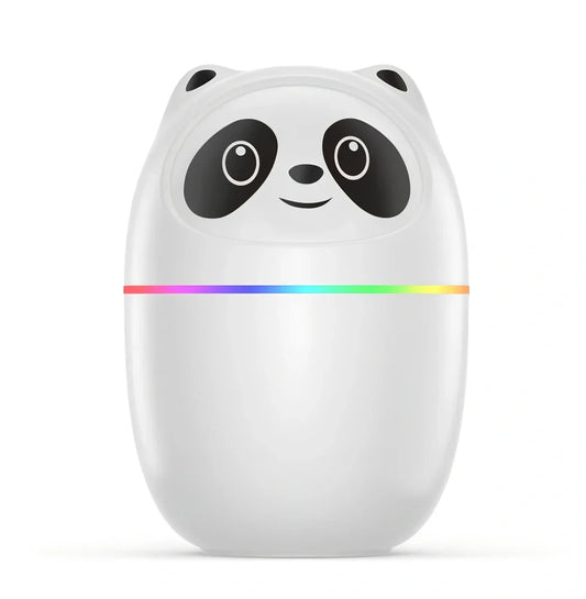 White USB mini humidifier on desk emitting mist with night light glow, 75x75x116mm size for office aromatherapy