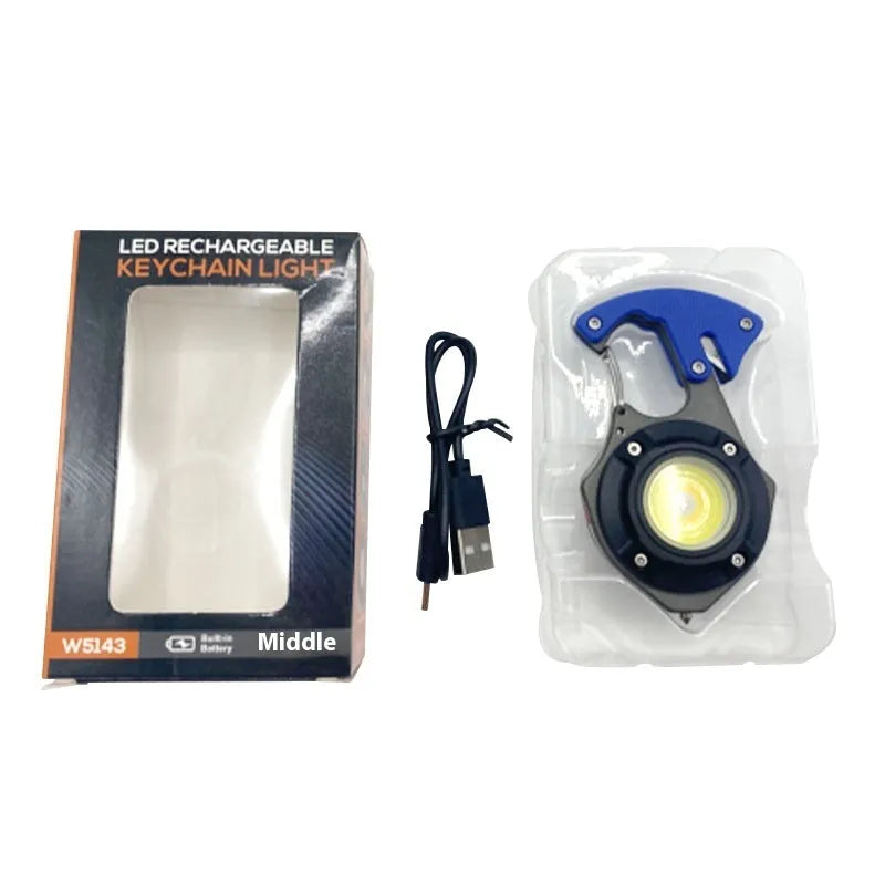 Multifunctional keychain flashlight with window breaker and screwdriver, showing Type-C charging port and LED display.