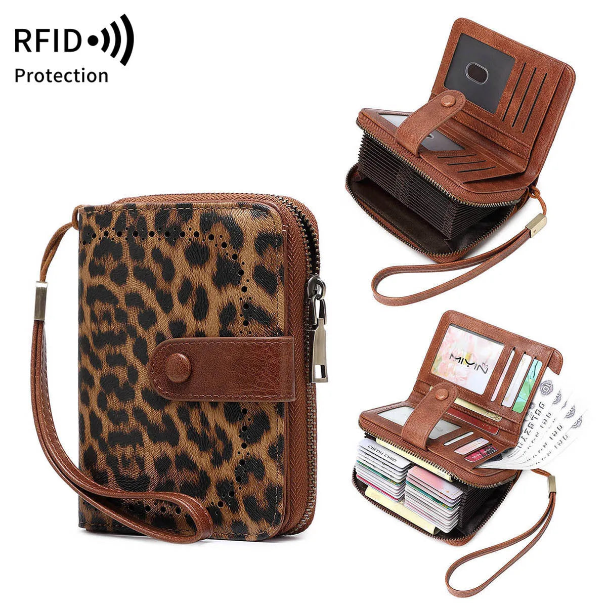Small leopard print wallet with zipper closure showing stitching details