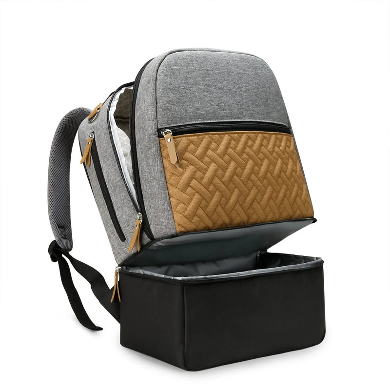 Mother and child travel mummy bag with outdoor dining baby insulated backpack featuring curved shoulder straps for burden reduction, available in brown, dinosaur, grey, green leaf, leaves, and space colour options measuring 34 cm by 15 cm by 44 cm