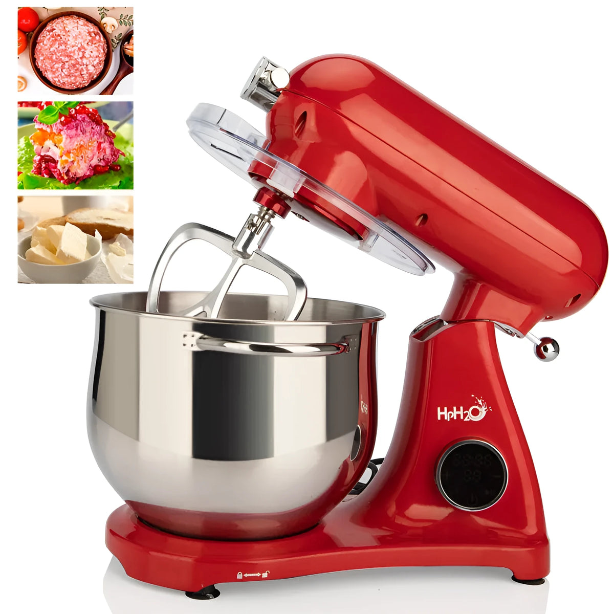 Red 1800W stand mixer with 8L stainless steel bowl, metal body, digital control, and three mixing attachments.