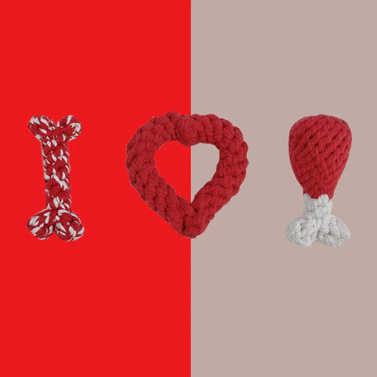 Premium cotton rope chew toys in various shapes and colors, including bones, hearts, and chicken thighs, designed for small dogs and puppies