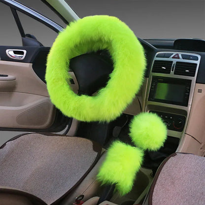 Wool steering wheel cover and handle cover set for car interiors