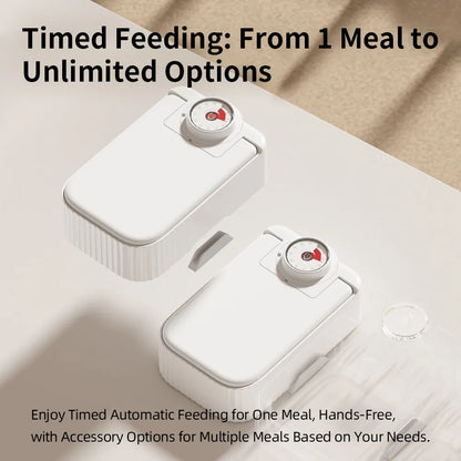 White automatic pet feeder with timer display, ice crystal cooling box, and modular connectors.