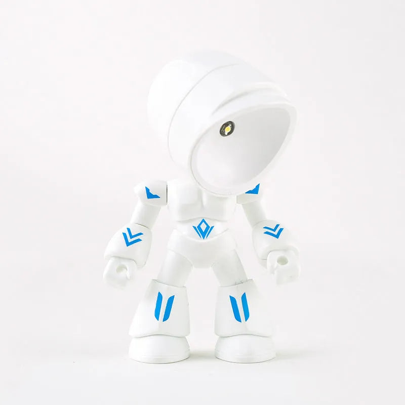 Mini mecha robot hero LED night light with adjustable arms on a desk.