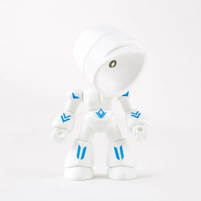 Mini mecha robot hero LED night light with adjustable arms on a desk.