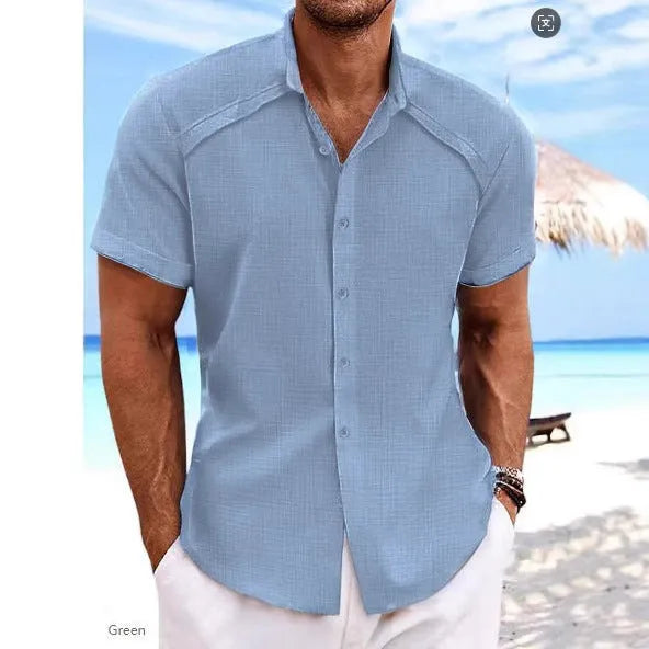 Hawaiian casual short sleeve shirt in solid colour cotton-polyester blend fabric