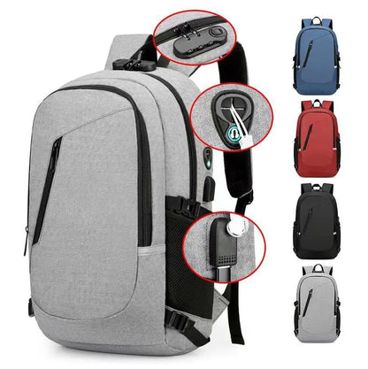 Computer backpack in blue colour showing Oxford cloth construction and 20-35L capacity dimensions