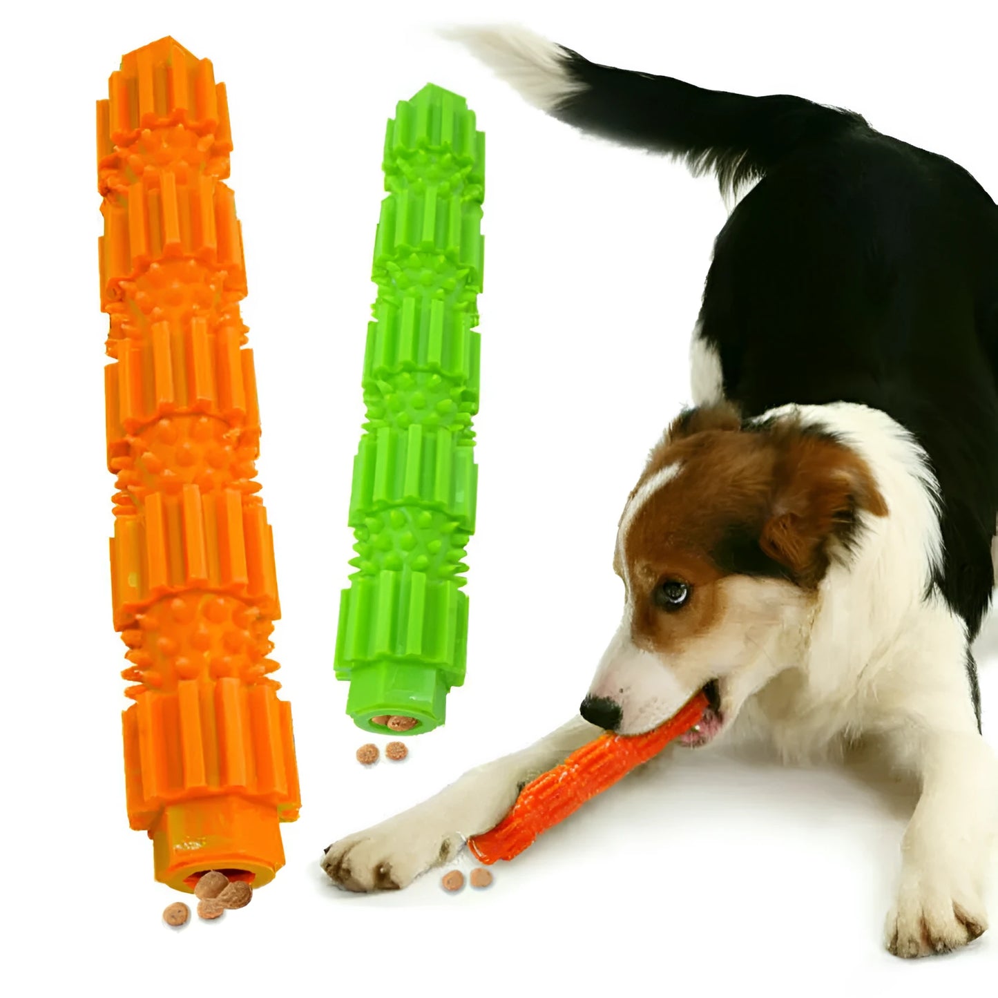 Green and orange rubber dog chew toy with treat dispensing compartment for aggressive chewing dogs