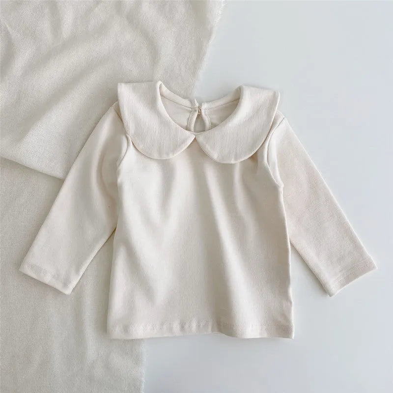 Baby girl long sleeve cotton top with lapel collar in plaid, Little Flower or white, sizes 66cm to 100cm