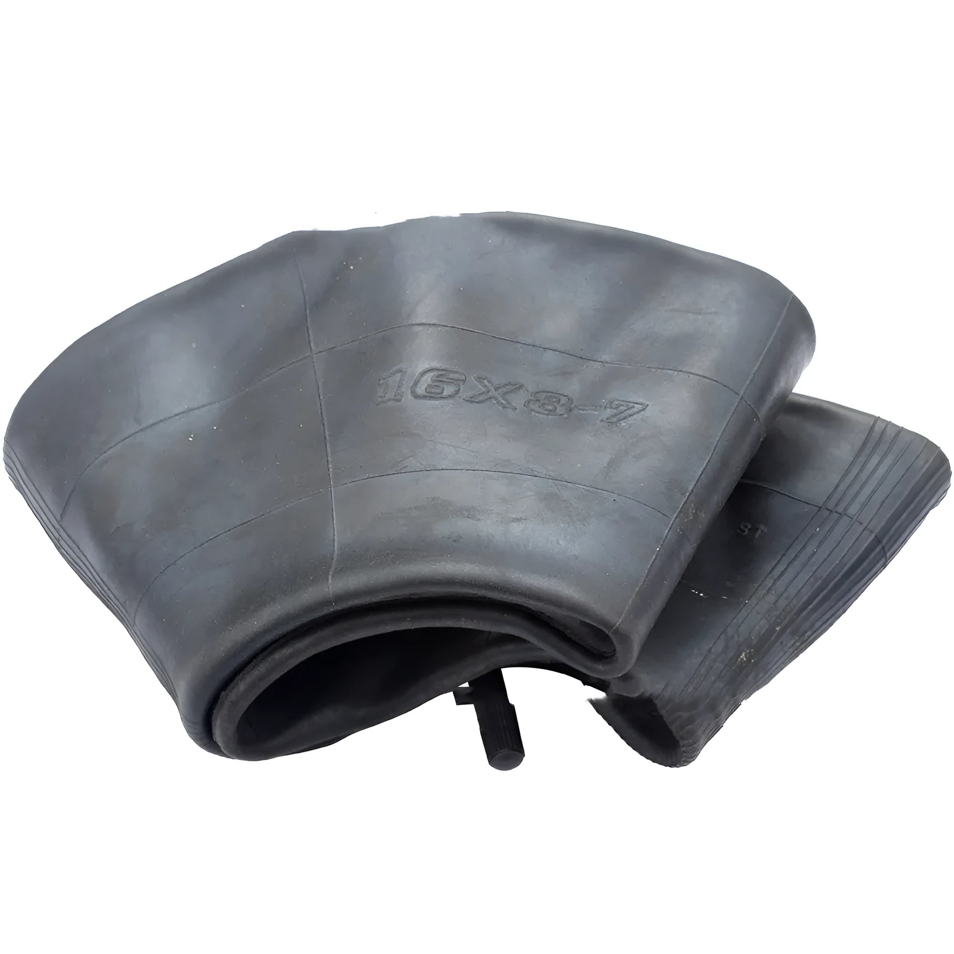 Set of two black 16x8.00-7 inner tubes with TR13 straight valve stems and dust caps for ATV and mower tyres.