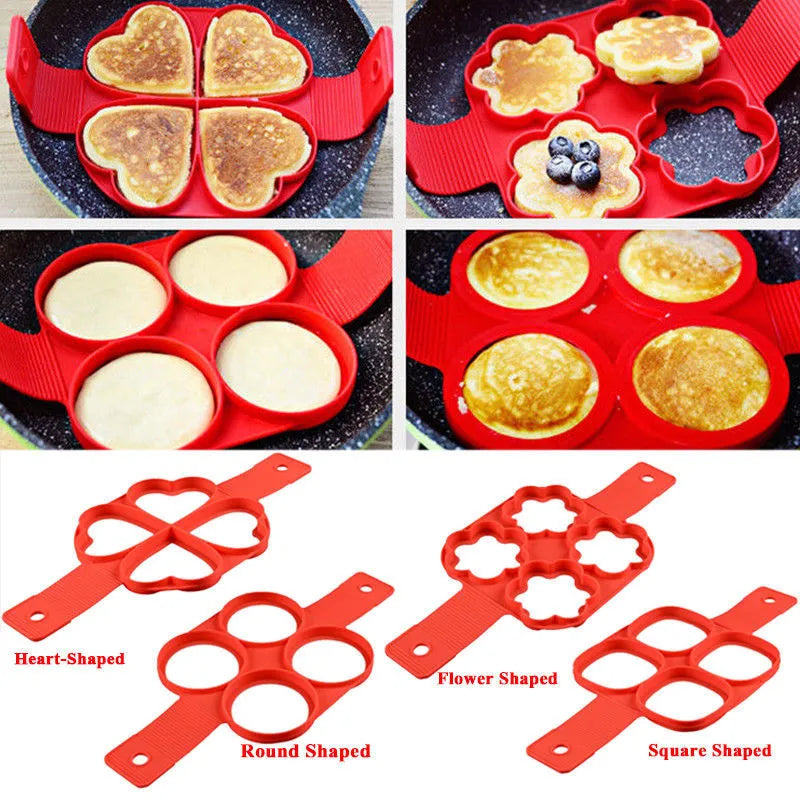 Silicone pancake ring egg omelette maker non-stick cooking mould kitchen baking tool for breakfast preparation in red with seven-hole design available in single, double and triple pack options