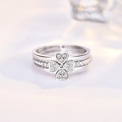 Adjustable four-leaf clover spinning ring set for women with zircon accents