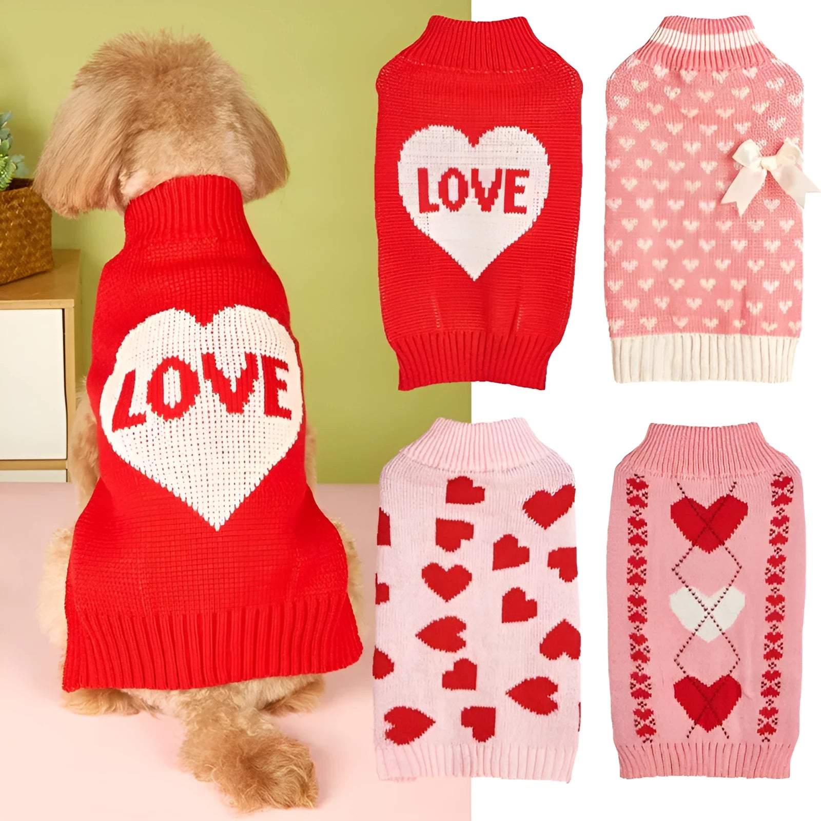 Dog wearing red love heart design sweater with bow decoration