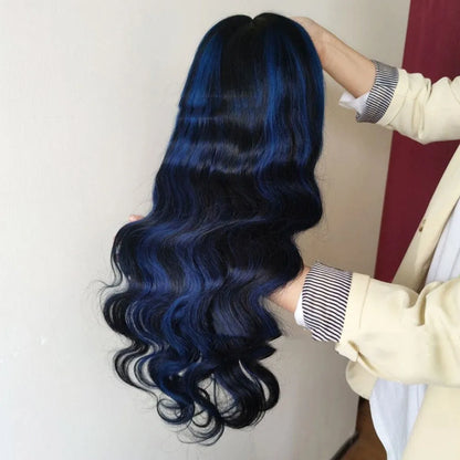 A woman wearing a long, real human hair lace front wig with a natural-looking 4x4 HD lace hairline.