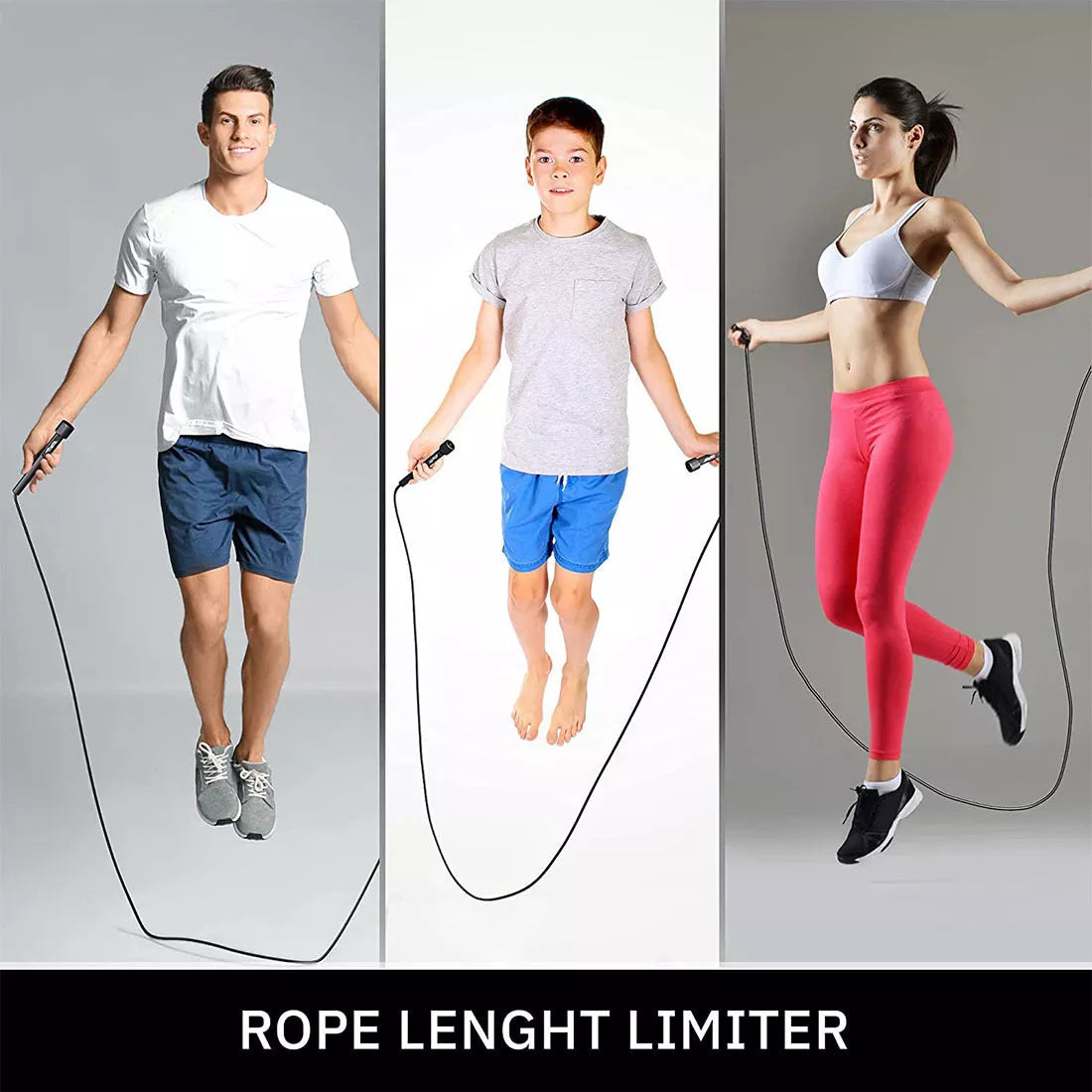 Black PVC skipping rope for fitness, 2.8 metres in length
