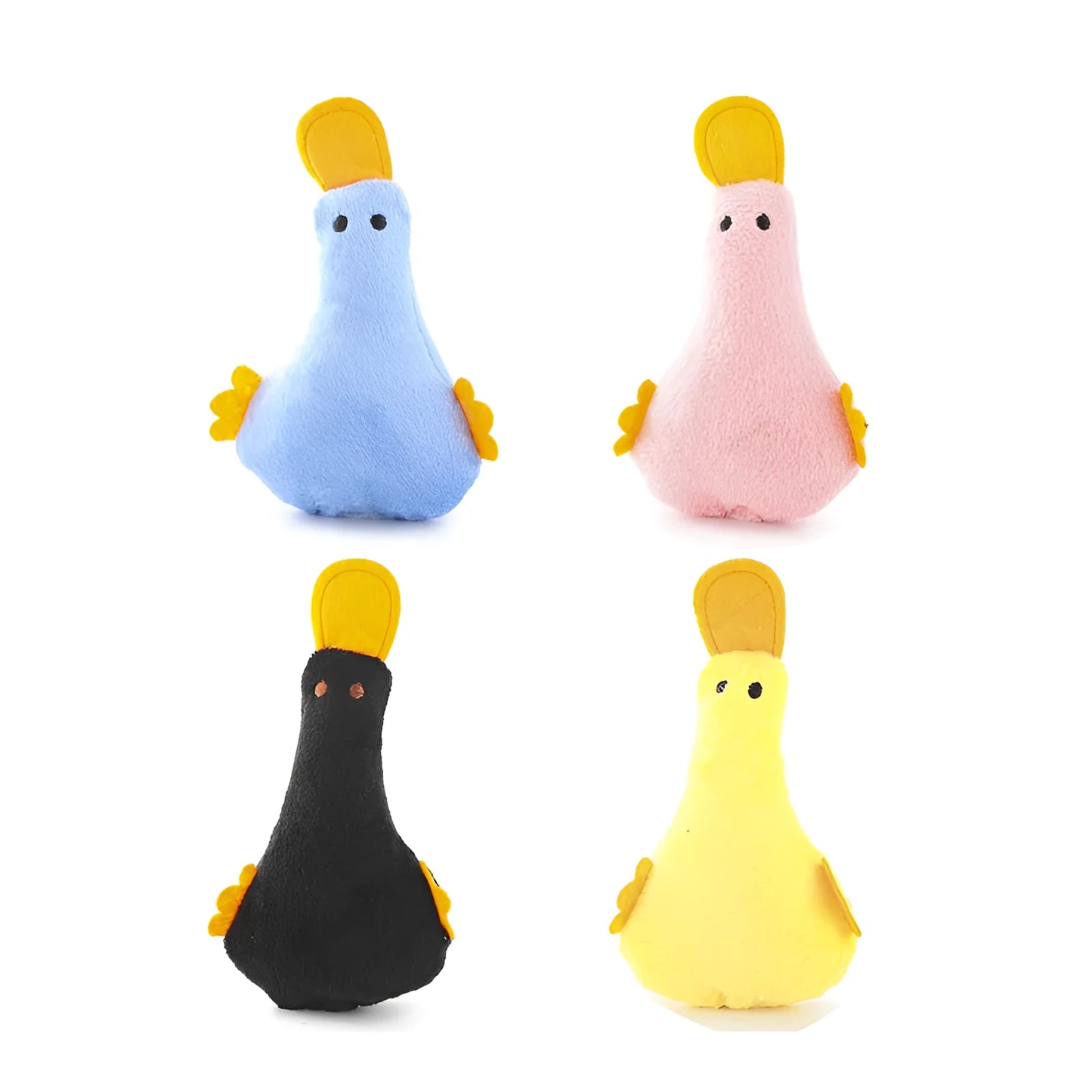 Duck-shaped plush pet toy with catnip filling and squeak mechanism for dog and cat play