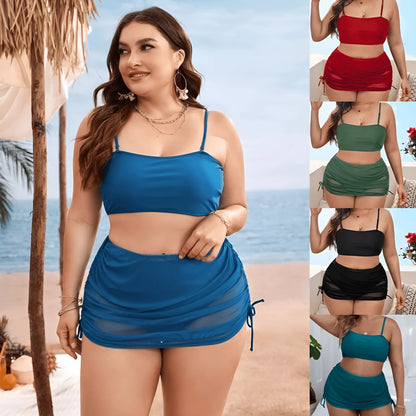 Women's solid colour mesh bikini three-piece set with top, underwear, and apron.
