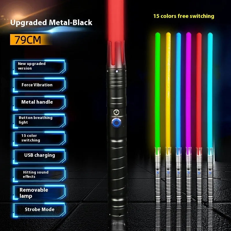 Metal rechargeable laser sword toy with gravity induction, 16 colour-changing lights, and 8 sound effects for children aged 7-14.