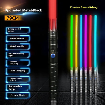 Metal rechargeable laser sword toy with gravity induction, 16 colour-changing lights, and 8 sound effects for children aged 7-14.