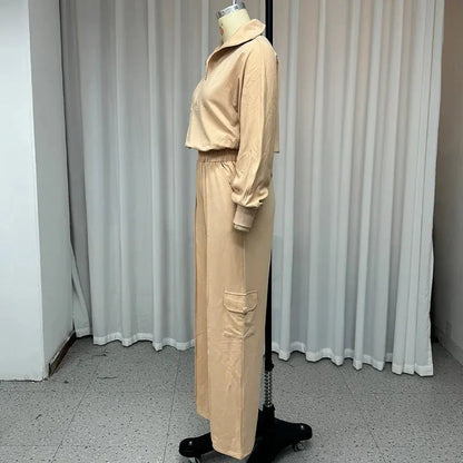Women's light camel polyester two-piece work set with lapel top and wide-leg trousers