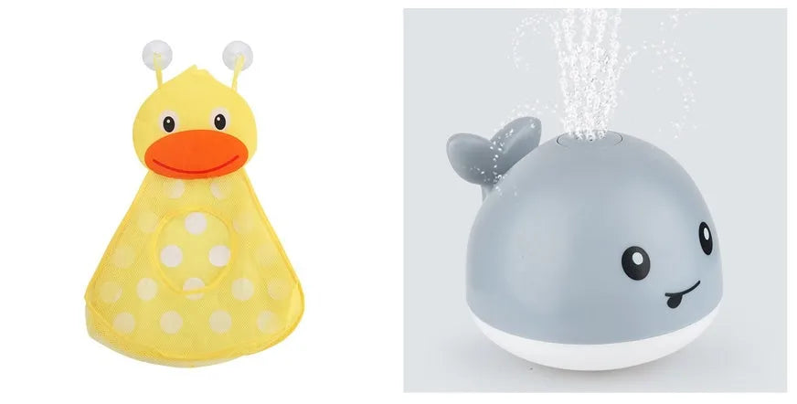 Grey or white electric whale bath toy spraying water with LED lights on a base.