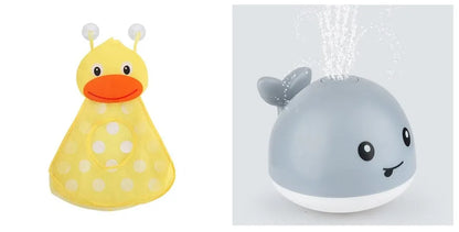 Grey or white electric whale bath toy spraying water with LED lights on a base.