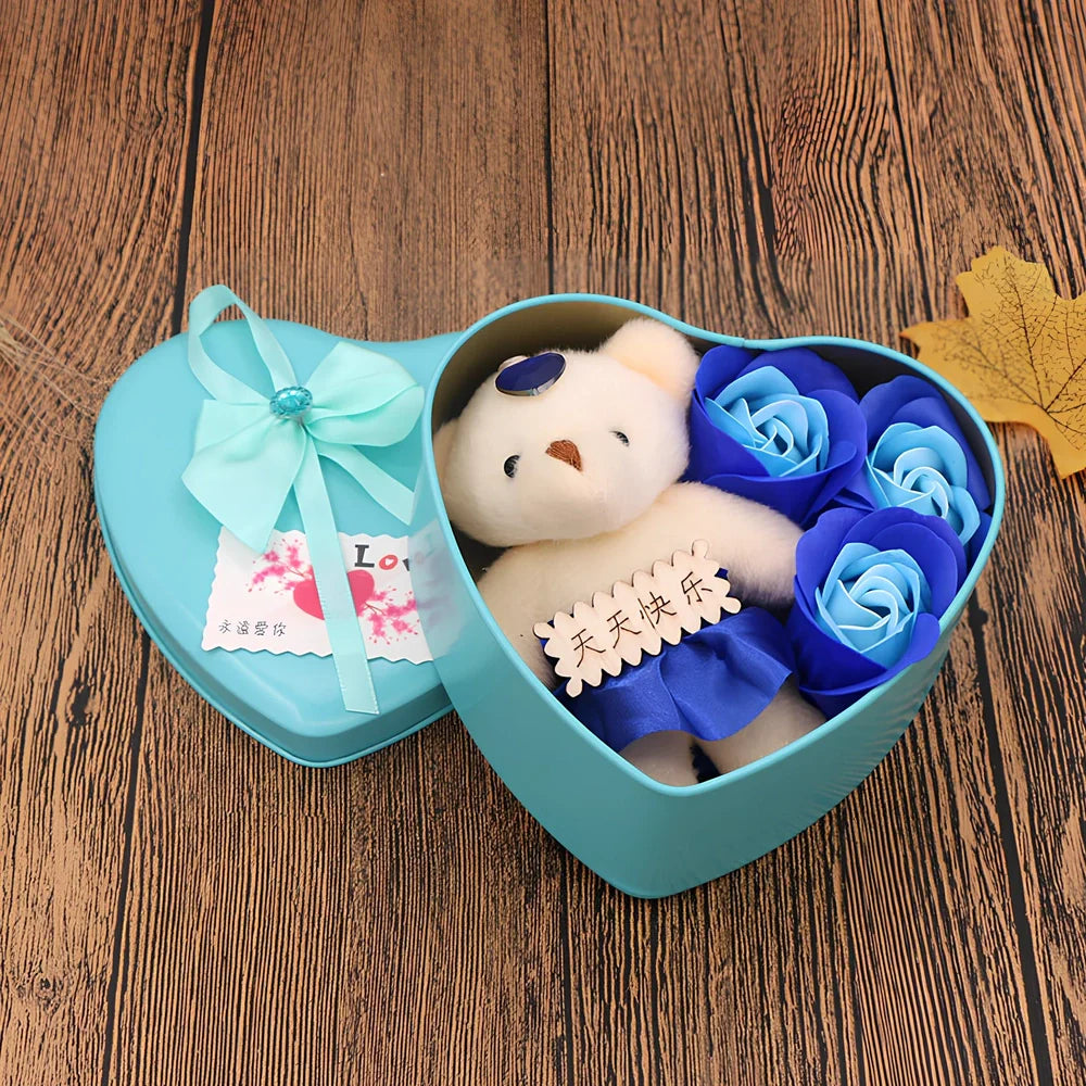 Handmade soap flowers in red heart-shaped tin box measuring 12x12x5cm