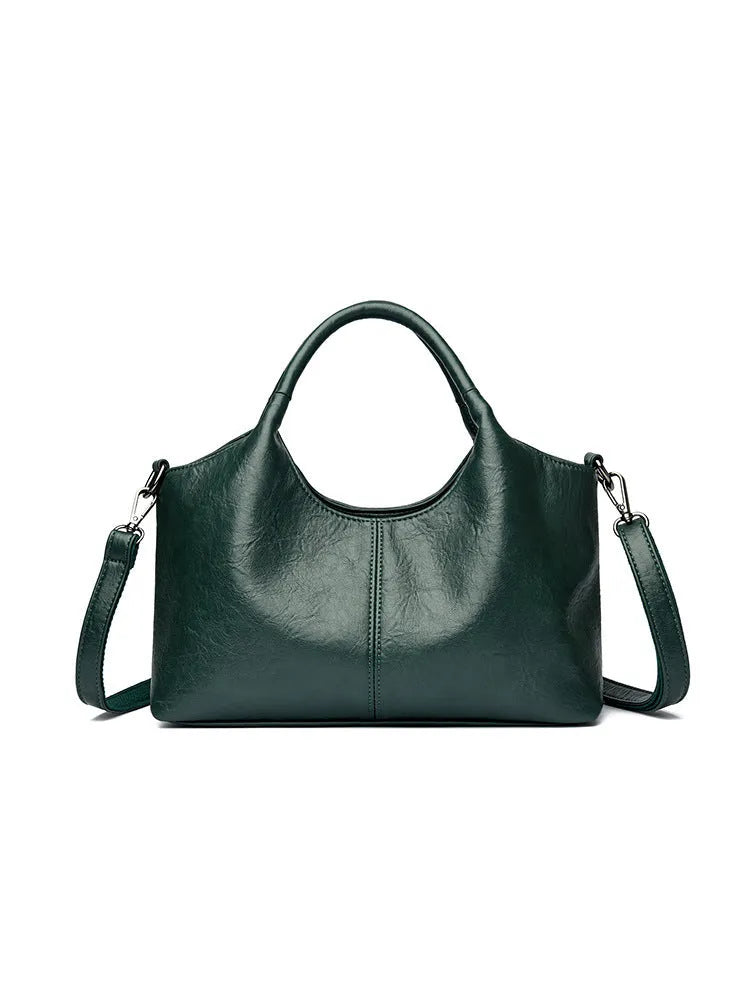 Women's soft genuine leather large crossbody bag shown in available colours: black, brown, wine red, yellow, beige, bronze, green.