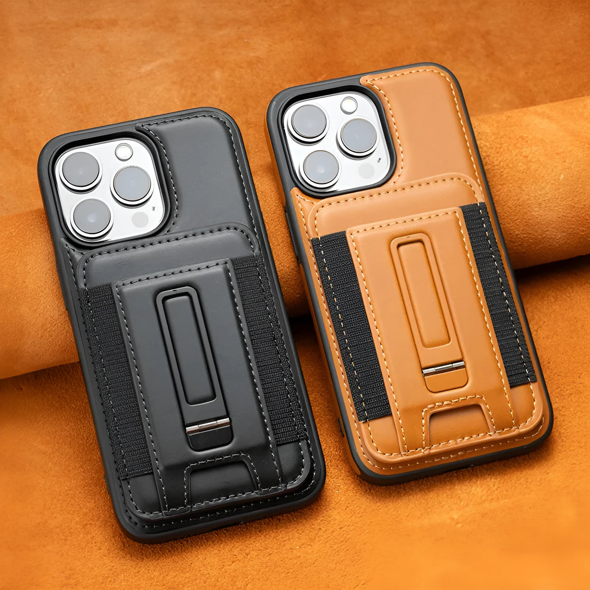 Magnetic card holder iPhone case in imitation leather with bracket, drop-resistant, shown in Black, Blue, Light Brown and Wine Red.