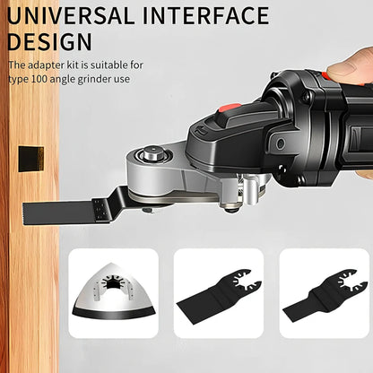 Metal angle grinder adapter kit with conversion head, wrench, sandpaper, grinding disc, and high carbon steel saw blades for multi-tool use