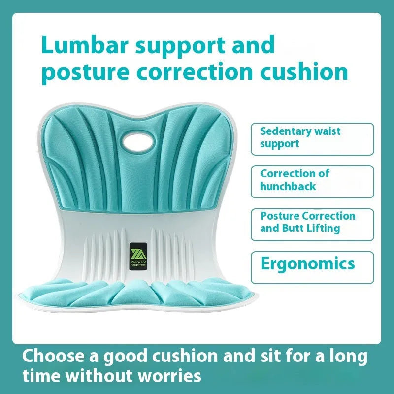 Ergonomic waist support seat cushion in grey, shown on an office chair.