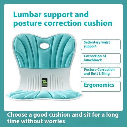 Ergonomic waist support seat cushion in grey, shown on an office chair.