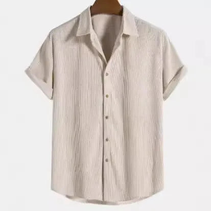 Men's casual short-sleeved cardigan shirt in polyester fabric showing colour options and relaxed fit