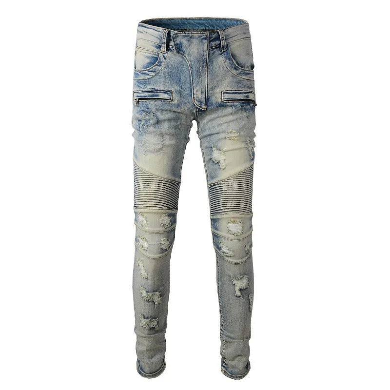 Light blue men's slim-fit distressed jeans with hand-frayed detailing and elastic stretch