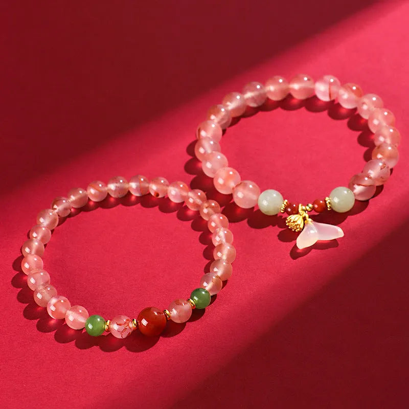 Women's bracelet featuring natural ice floating south red white agate beads with fishtail design, handcrafted for everyday wear, available in elegant styles including butterfly orchid jade