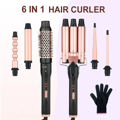 Three-tube water wave hair curler with 19mm 25mm 32mm ceramic-coated barrels and wired power cord