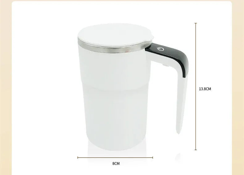 Electric coffee mug with USB charging port, magnetic stirrer, and LCD display showing temperature, in black or white colour.
